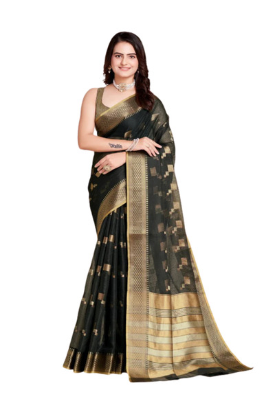 MYSMAR Black Cotton Silk Jacquard Fancy Saree - SST2476 | Black