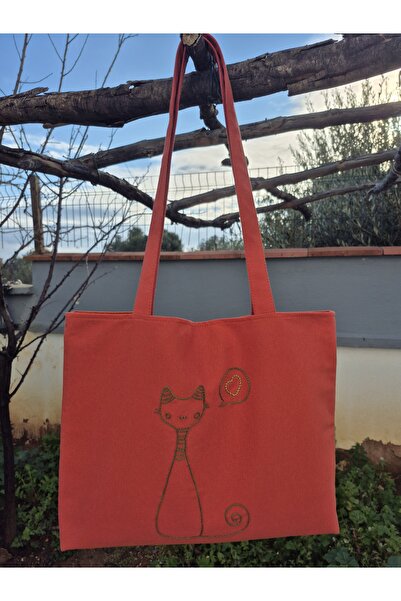 Handream Cute Cat Embroidered Taupe Color Duck Fabric Shoulder Bag