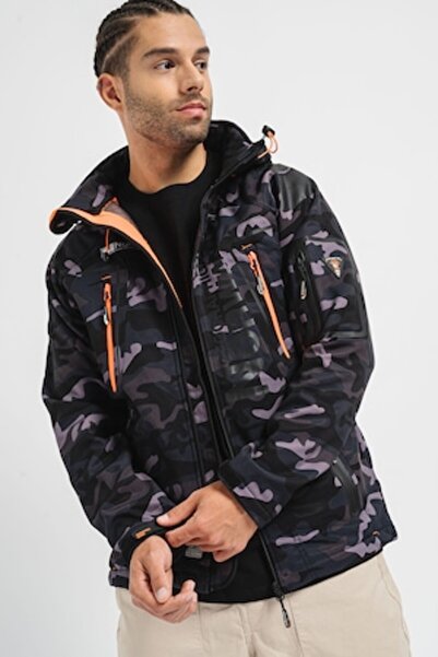 Geographical Norway Jacket with Pattern and Hood, Dark Black/Charcoal Gray