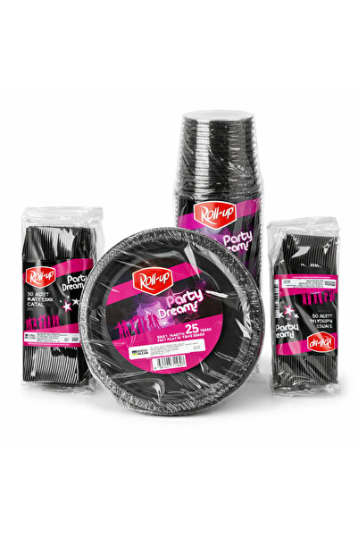Roll-Up Siyah Parti Seti(25'li) – Tabak Çatal Kaşık Bardak (Hazır Doğum Günü ...