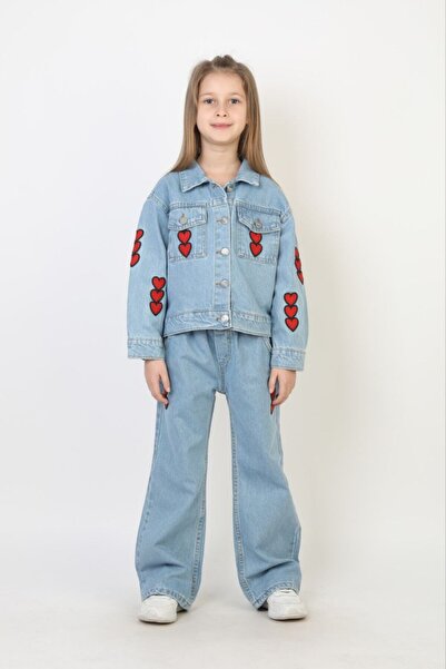 Butik Kız Çocuk Kalp Nakışlı Kot Ceket Pantolon Takım – Şık ve Rahat 2’li Jea...