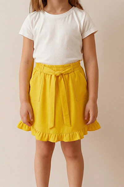 nacar çarşı Момичешка жълта пола с набори, джобове и панделка, с еластична та...