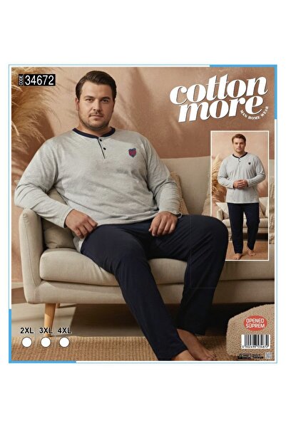 Cotton More Opened Single Jersey King Size Men's Pajamas Long Sleeve with 3 B...