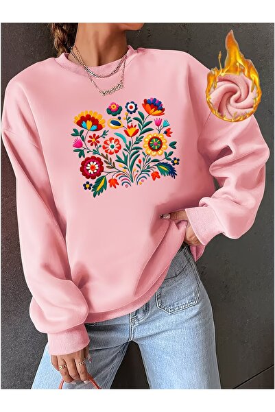 PALPİTO Γυναικείο φούτερ με στάμπα Anatolian Flowers, μεγάλου μεγέθους, με λα...