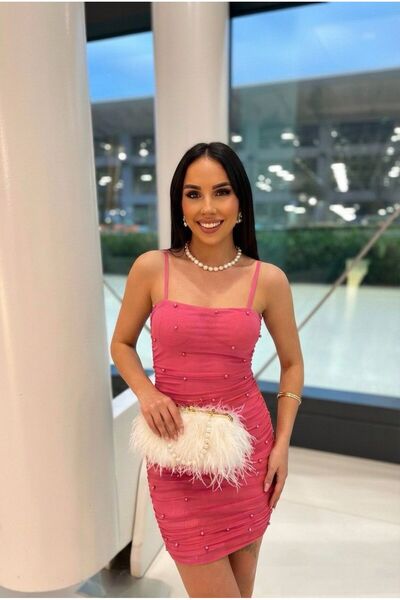 INFLUENCER Sandy İnce Askılı Gloplu İncili Mini Pembe Elbise
