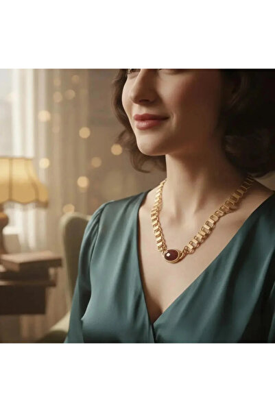 Dorvina 14k Altın Kaplama Çelik Kararmaz Takı Gold Renk Bordo 54cm Uzun Vinta...