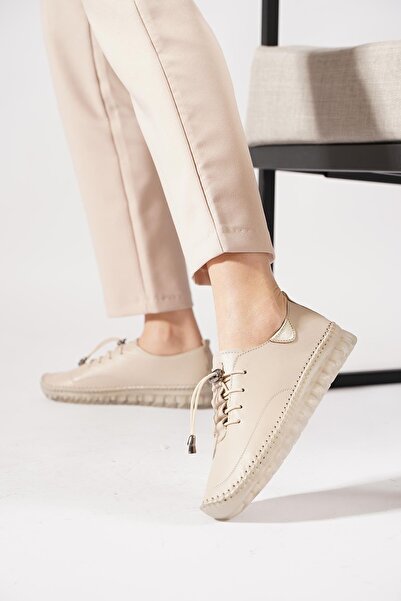 Moda Pie Novitas Dikişli Jel Taban Hakiki Deri Kadın Ayakkabı Bej Cilt