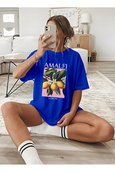 caddekombin Women's Oversize Amalfi Lemon Printed Saks Blue T-Shirt