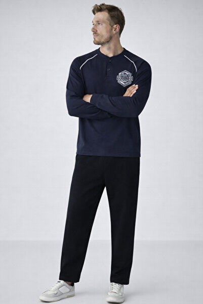 COMBİNE MİCHAİL Ανδρικό σετ πιτζάμες με στάμπα Premium Comfort σε σκούρο μπλε