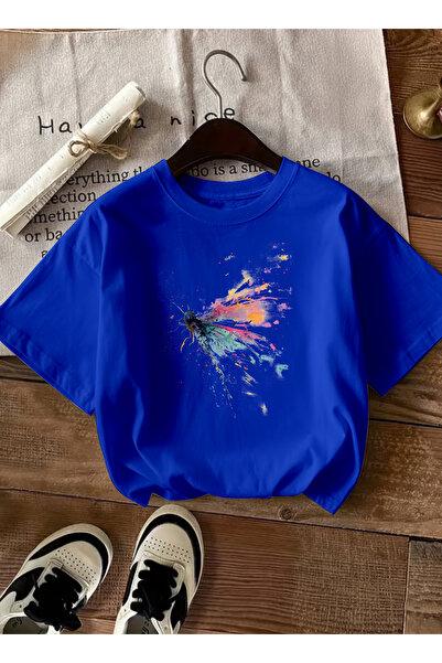 caddekombin Women's Oversize Colorful Caterpillar Printed Saks Blue T-Shirt