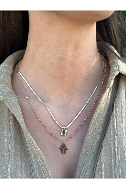 RA By Melisa El Figürlü Yeşil Taşlı İkili Çelik Kolye Seti
