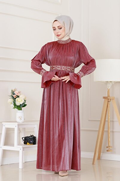 Sevitli Evening Dress with Flounce Sleeves and Embroidery Detail - Burgundy
