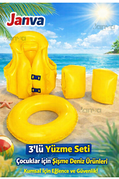 Janva Çocuk Yüzme Seti Can Yeleği Simit ve Kolluk 3 lü Set Havuz Deniz Öğrenm...