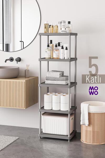 Mowo Home 5 Katlı Gri 40x33 Plastik Banyo Raf Sistemi, Mutfak Rafı, Kiler, Ki...