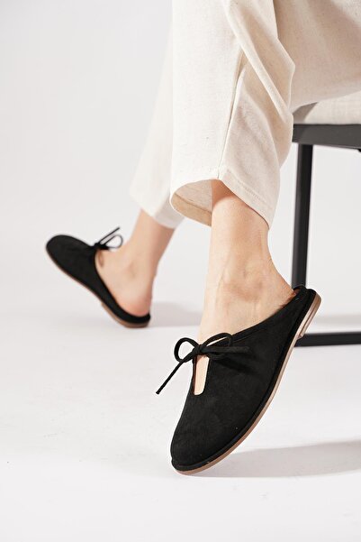 Moda Pie Sütesef Front Closed Bow Tie Women's Slippers Black Suede