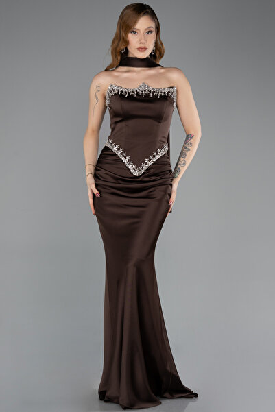 Abiyefon Kahve Taşlı Straplez Peplum Kesim Uzun Saten Balık Abiye ABU5644
