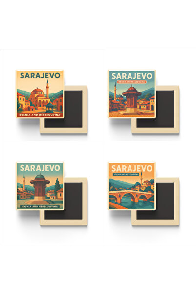 iBerk Mıknatıslı Buzdolap Magneti - Saraybosna Bosna-Hersek - 4 adet - 9x9 cm -