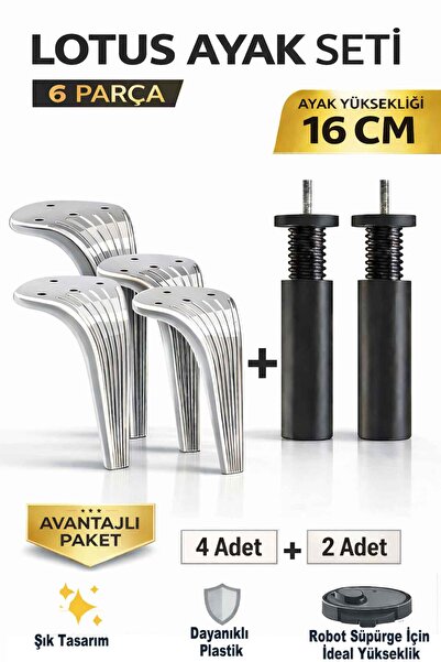 İMT AKSESUAR Lotus 16 cm Ayak Seti Krom (6 Parça) Robot Süpürgeye Uyumlu Kolt...