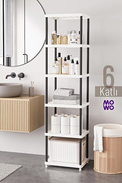 Mowo Home 6 Katlı Beyaz-Siyah Bacak 40x33 Plastik Banyo Raf Sistemi, Mutfak R...