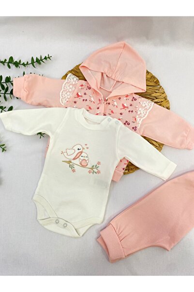 Babyim NAKIŞ DETAYLI KIZ BEBEK KAPŞONLU 3’LÜ YENİDOĞAN TAKIM