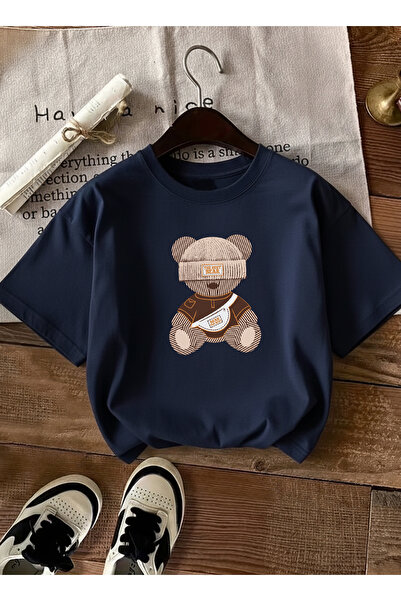 caddekombin Women's Oversize the Best Bear Printed Navy Blue T-Shirt