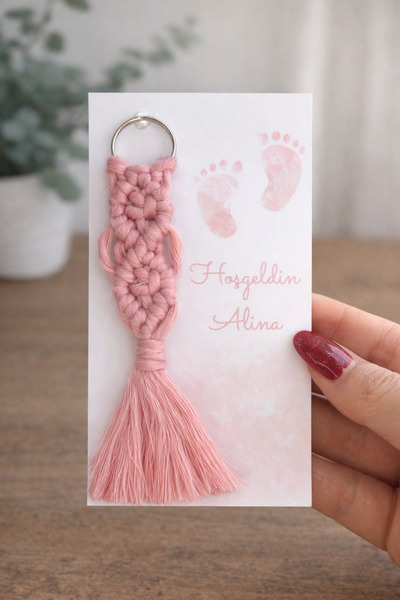 Tasarım 10 Adet Kartlı Paketli Pembe Makrome Anahtarlık