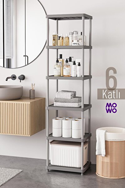 Mowo Home 6 Katlı Gri 40x33 Plastik Banyo Raf Sistemi, Mutfak Rafı, Kiler, Ki...
