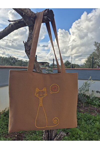 Handream Cute Cat Embroidered Brown Color Duck Fabric Shoulder Bag