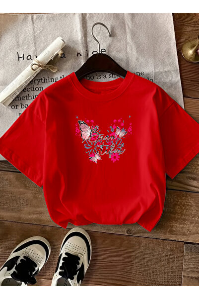 caddekombin Women's Oversize Fuchsia Butterfly Beam Printed Red T-Shirt