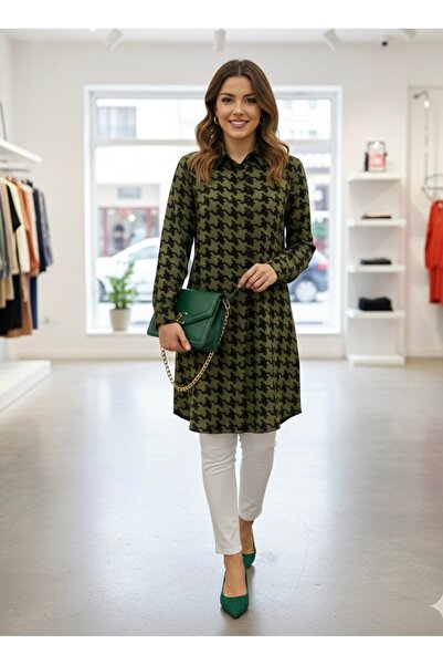 Polologin Butik Khaki Color Houndstooth Patterned Shirt Tunic - Modern Cut