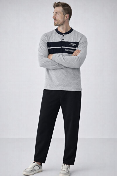 COMBİNE MİCHAİL Ανδρικό σετ πιτζάμες σε γκρι χρώμα με στάμπα Relax Fit