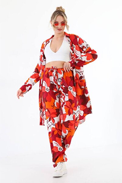 Polologin Butik Orange-Red Large Floral Patterned Summer Combination Set