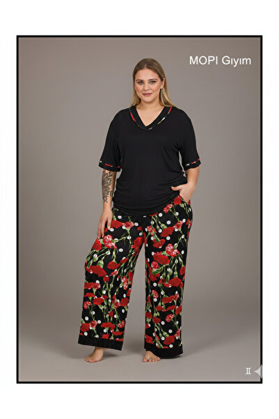 MOPİ Plus Size V-Neck Spanish Flare Floral Print Pajama Set