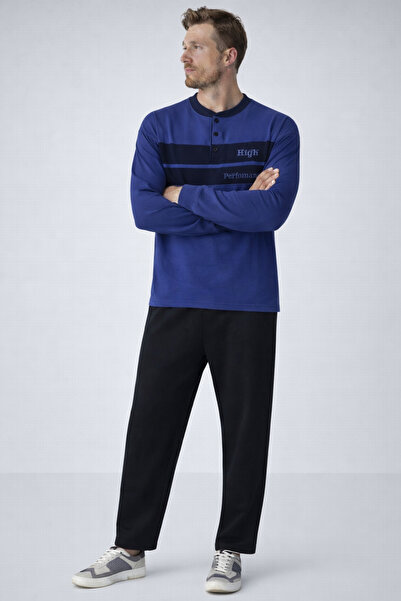 COMBİNE MİCHAİL Ανδρικό σετ πιτζάμες με στάμπα Relax Fit σε μπλε χρώμα