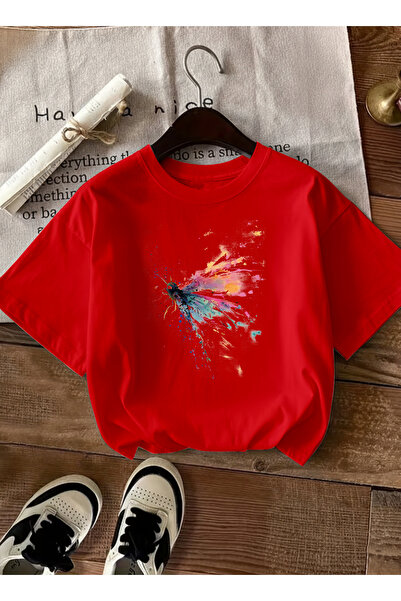caddekombin Women's Oversize Colorful Caterpillar Printed Red T-Shirt