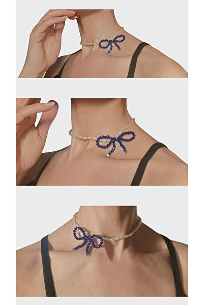 TREND Navy Blue & White Pinterest Bow Design Choker Lina Pearl Bead Necklace