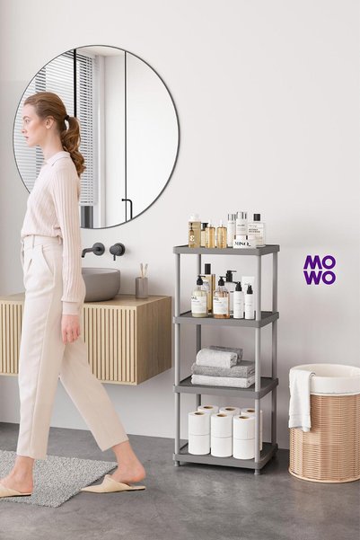 Mowo Home 4 Katlı Gri 40x33 Plastik Banyo Raf Sistemi, Mutfak Rafı, Kiler, Kitaplık Çok Amaçlı Düzenleyici