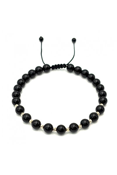 BIJUTERIA NEAGRA Brățară cu 10 bile de aur de 14K și onix de 6 mm