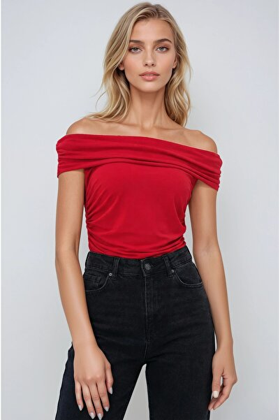 OLSAMODA Women's Madonna Collar Drape Detail Flexible Sandy Fabric Blouse