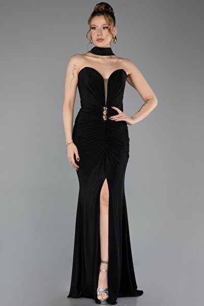 Abiyefon Siyah Straplez Bacak Dekolteli Şallı Uzun Abiye ABU5561