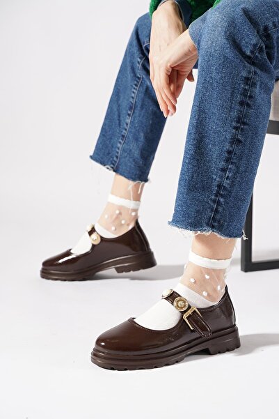 Moda Pie Jesica Atkı Para Buckle Women's Ballerina Shoes Brown Wrinkled