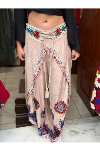 Miss Boheme Cream Color Ethnic Embroidered Pants with Cap