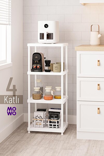 Mowo Home 4 Katlı Beyaz 40x33 Plastik Mutfak Raf Sistemi, Banyo Rafı, Kiler, ...