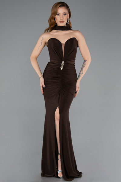 Abiyefon Kahve Straplez Bacak Dekolteli Şallı Uzun Abiye ABU5561