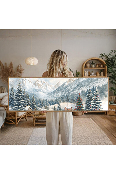 woodhomeworks Tek Parça Gerçek Ahşap Yatay Panorama Çerçeveli Tablo karlı günler