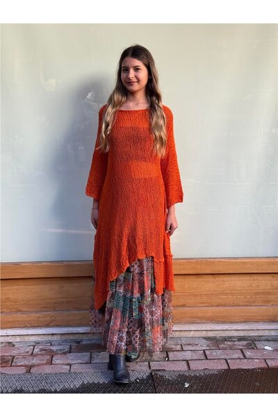 Miss Boheme Orange Color Sofia Asymmetric Mercerized Tunic