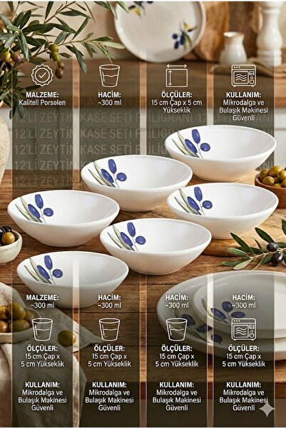 RİVO HOME DECOR Olivos Soup Bowl Set of 12 14 cm