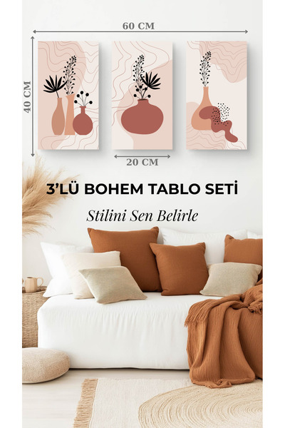 Arzande 3 Parça Bohem Çerçevesiz Modern Seri Kolay Montaj Metal Tablo