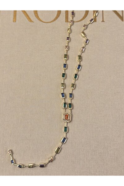 kems jewels Baget Model Renkli Zirkon Taşlı Altın Kaplama Çelik Y Kolye