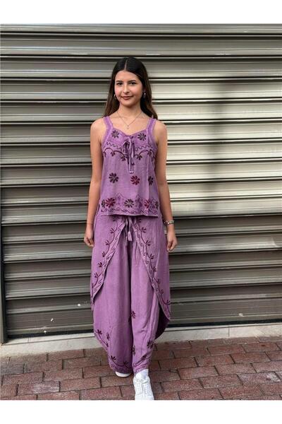 Miss Boheme Lila Rengi Nakış İşlemeli Pantolon Bluz Takım